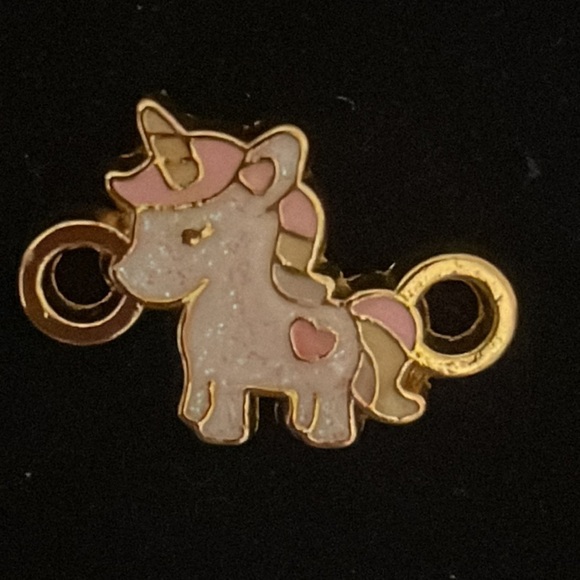 0.75” gold tone white pink enamel unicorn charm pendant with double jump hoop - Picture 4 of 9